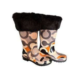 Coach Peony Pull On Rain Boots Size 6 Style A7340 Signature C Logo Brand New‎